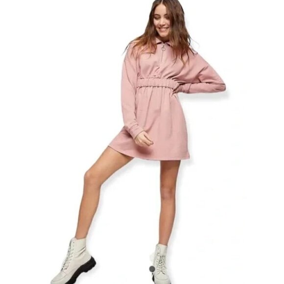 NWT TOPSHOP Size 8  Quarter Zip Long Sleeve Minidress in Blush Pink MSRP$60 - Picture 1 of 11